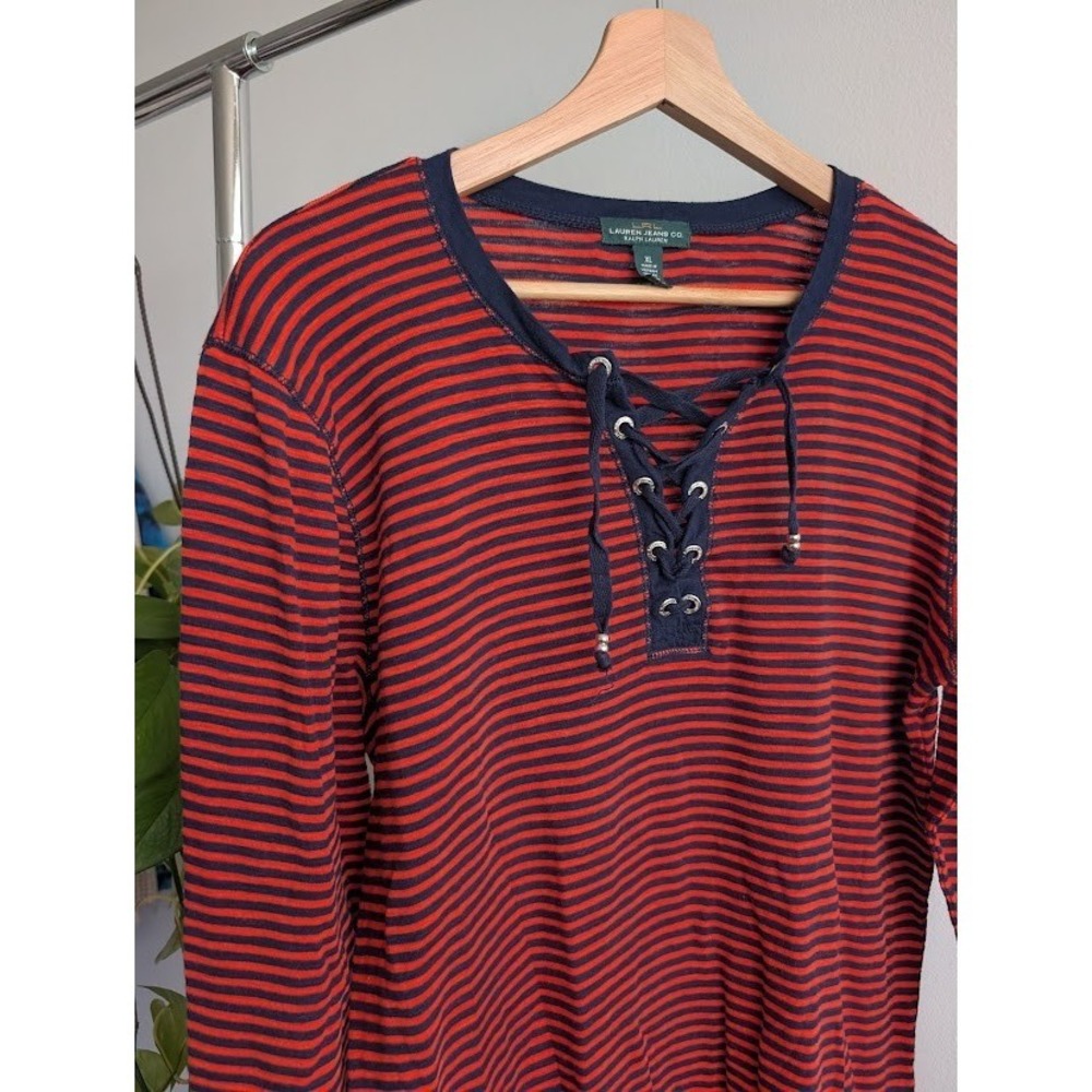 vintage y2k Ralph Lauren shirt XL lace up stripped indie sleaze blue red Henley